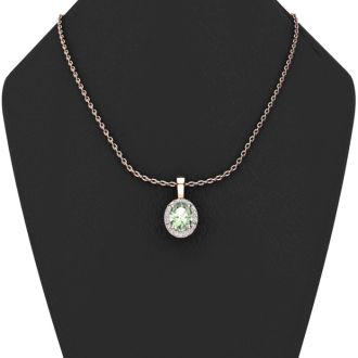 1/2 Carat Oval Shape Green Amethyst and Halo Diamond Necklace In 14 Karat Rose Gold With 18 Inch Chain