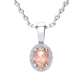 1/2 Carat Oval Shape Morganite Necklace with Diamond Halo In 14 Karat White Gold With 18 Inch Chain