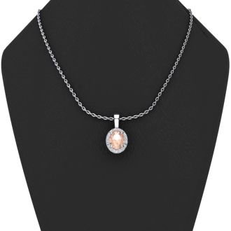 1/2 Carat Oval Shape Morganite Necklace with Diamond Halo In 14 Karat White Gold With 18 Inch Chain