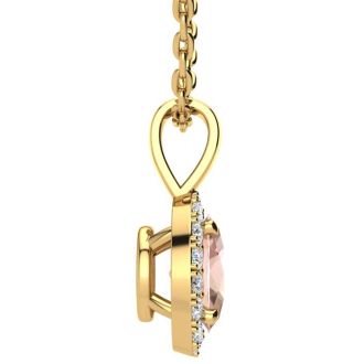 1/2 Carat Oval Shape Morganite Necklace with Diamond Halo In 14 Karat Yellow Gold With 18 Inch Chain