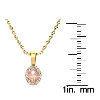 1/2 Carat Oval Shape Morganite and Halo Diamond Necklace In 14 Karat Yellow Gold With 18 Inch Chain