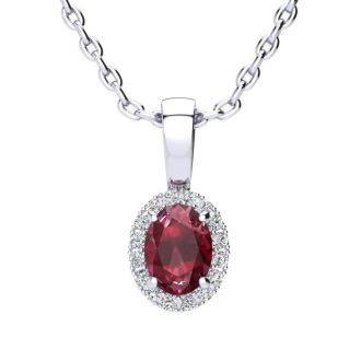 0.62 Carat Oval Shape Ruby and Halo Diamond Necklace In 14 Karat White Gold With 18 Inch Chain