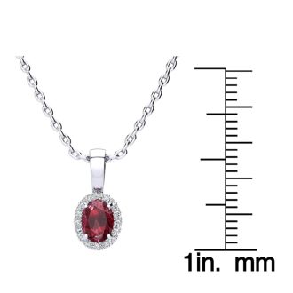 0.62 Carat Oval Shape Ruby and Halo Diamond Necklace In 14 Karat White Gold With 18 Inch Chain
