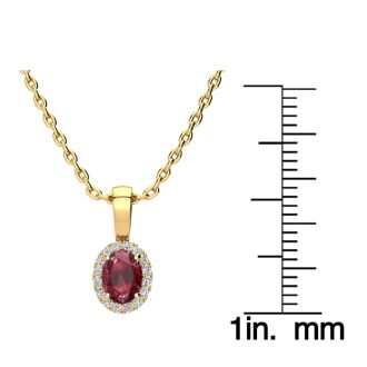 0.62 Carat Oval Shape Ruby and Halo Diamond Necklace In 14 Karat Yellow Gold With 18 Inch Chain