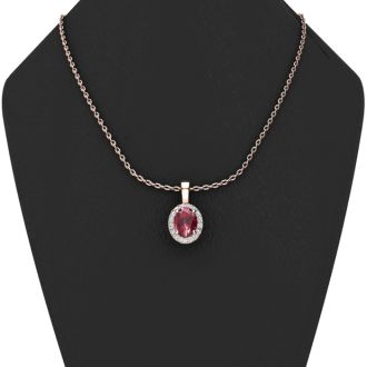 0.62 Carat Oval Shape Ruby and Halo Diamond Necklace In 14 Karat Rose Gold With 18 Inch Chain