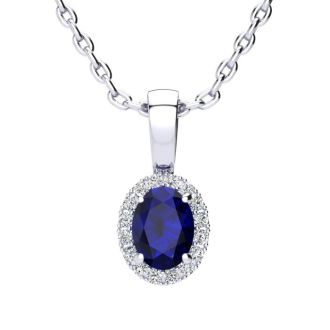 0.67 Carat Oval Shape Sapphire and Halo Diamond Necklace In 14 Karat White Gold With 18 Inch Chain