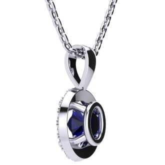 0.67 Carat Oval Shape Sapphire and Halo Diamond Necklace In 14 Karat White Gold With 18 Inch Chain