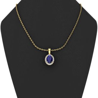 0.67 Carat Oval Shape Sapphire and Halo Diamond Necklace In 14 Karat Yellow Gold With 18 Inch Chain
