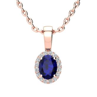 0.67 Carat Oval Shape Sapphire and Halo Diamond Necklace In 14 Karat Rose Gold With 18 Inch Chain