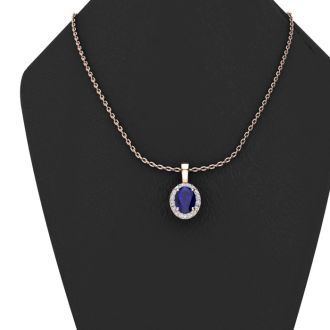 0.67 Carat Oval Shape Sapphire and Halo Diamond Necklace In 14 Karat Rose Gold With 18 Inch Chain