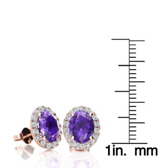 2.40 Carat Oval Shape Amethyst and Halo Diamond Stud Earrings In 14 Karat Rose Gold
