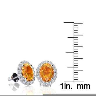2.40 Carat Oval Shape Citrine and Halo Diamond Stud Earrings In 14 Karat White Gold