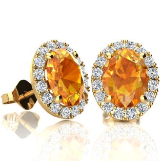 2.40 Carat Oval Shape Citrine and Halo Diamond Stud Earrings In 14 Karat Yellow Gold