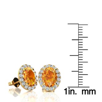 2.40 Carat Oval Shape Citrine and Halo Diamond Stud Earrings In 14 Karat Yellow Gold