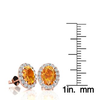 2.40 Carat Oval Shape Citrine and Halo Diamond Stud Earrings In 14 Karat Rose Gold