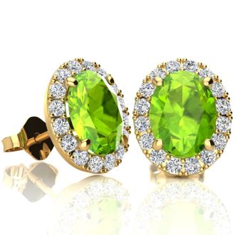 3 Carat Oval Shape Peridot and Halo Diamond Stud Earrings In 14 Karat Yellow Gold