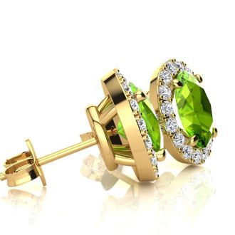 3 Carat Oval Shape Peridot and Halo Diamond Stud Earrings In 14 Karat Yellow Gold