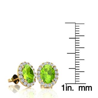 3 Carat Oval Shape Peridot and Halo Diamond Stud Earrings In 14 Karat Yellow Gold