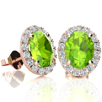 3 Carat Oval Shape Peridot and Halo Diamond Stud Earrings In 14 Karat Rose Gold