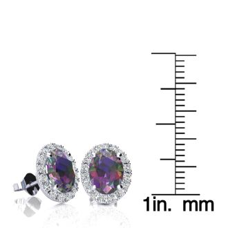 3 1/4 Carat Oval Shape Mystic Topaz and Halo Diamond Stud Earrings In 14 Karat White Gold