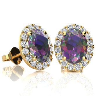 3 1/4 Carat Oval Shape Mystic Topaz and Halo Diamond Stud Earrings In 14 Karat Yellow Gold