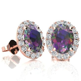 3 1/4 Carat Oval Shape Mystic Topaz and Halo Diamond Stud Earrings In 14 Karat Rose Gold