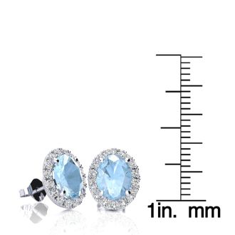 Aquamarine Earrings: Aquamarine Jewelry: 2 1/2 Carat Oval Shape Aquamarine and Halo Diamond Stud Earrings In 14 Karat White Gold