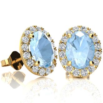 Aquamarine Earrings: Aquamarine Jewelry: 2 1/2 Carat Oval Shape Aquamarine and Halo Diamond Stud Earrings In 14 Karat Yellow Gold