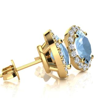 Aquamarine Earrings: Aquamarine Jewelry: 2 1/2 Carat Oval Shape Aquamarine and Halo Diamond Stud Earrings In 14 Karat Yellow Gold