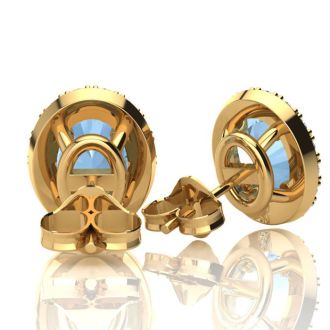 Aquamarine Earrings: Aquamarine Jewelry: 2 1/2 Carat Oval Shape Aquamarine and Halo Diamond Stud Earrings In 14 Karat Yellow Gold