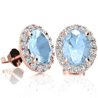 Aquamarine Earrings: Aquamarine Jewelry: 2 1/2 Carat Oval Shape Aquamarine and Halo Diamond Stud Earrings In 14 Karat Rose Gold