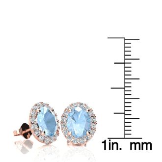 Aquamarine Earrings: Aquamarine Jewelry: 2 1/2 Carat Oval Shape Aquamarine and Halo Diamond Stud Earrings In 14 Karat Rose Gold