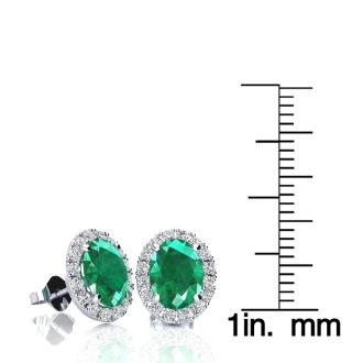 2 1/2 Carat Oval Shape Emerald and Halo Diamond Stud Earrings In 14 Karat White Gold