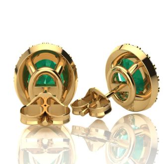 2 1/2 Carat Oval Shape Emerald and Halo Diamond Stud Earrings In 14 Karat Yellow Gold