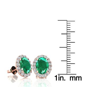 2 1/2 Carat Oval Shape Emerald and Halo Diamond Stud Earrings In 14 Karat Rose Gold