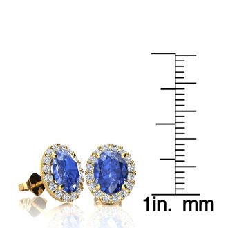 2.90 Carat Oval Shape Tanzanite and Halo Diamond Stud Earrings In 14 Karat Yellow Gold