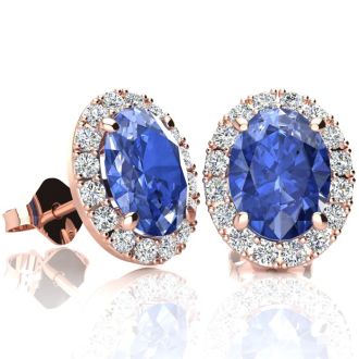 2.90 Carat Oval Shape Tanzanite and Halo Diamond Stud Earrings In 14 Karat Rose Gold