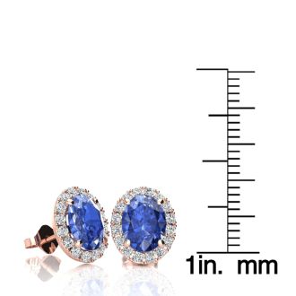 2.90 Carat Oval Shape Tanzanite and Halo Diamond Stud Earrings In 14 Karat Rose Gold