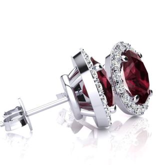 Garnet Earrings: Garnet Jewelry: 3 1/4 Carat Oval Shape Garnet and Halo Diamond Stud Earrings In 14 Karat White Gold