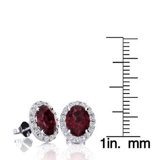 Garnet Earrings: Garnet Jewelry: 3 1/4 Carat Oval Shape Garnet and Halo Diamond Stud Earrings In 14 Karat White Gold