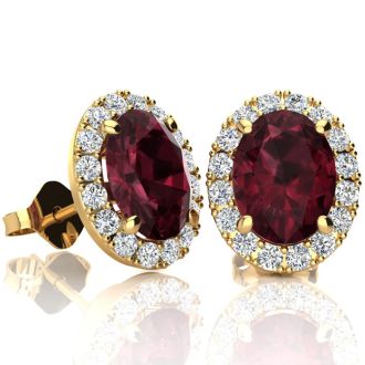 Garnet Earrings: Garnet Jewelry: 3 1/4 Carat Oval Shape Garnet and Halo Diamond Stud Earrings In 14 Karat Yellow Gold