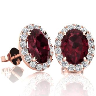Garnet Earrings: Garnet Jewelry: 3 1/4 Carat Oval Shape Garnet and Halo Diamond Stud Earrings In 14 Karat Rose Gold
