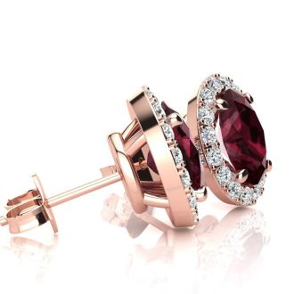 Garnet Earrings: Garnet Jewelry: 3 1/4 Carat Oval Shape Garnet and Halo Diamond Stud Earrings In 14 Karat Rose Gold