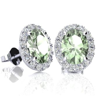2.40 Carat Oval Shape Green Amethyst and Halo Diamond Stud Earrings In 14 Karat White Gold