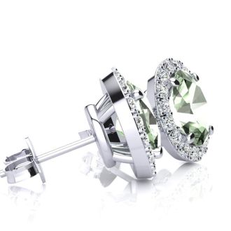 2.40 Carat Oval Shape Green Amethyst and Halo Diamond Stud Earrings In 14 Karat White Gold