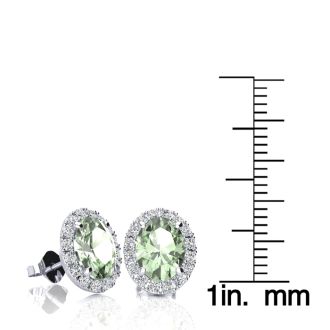 2.40 Carat Oval Shape Green Amethyst and Halo Diamond Stud Earrings In 14 Karat White Gold