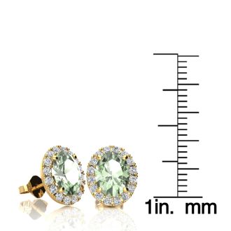 2.40 Carat Oval Shape Green Amethyst and Halo Diamond Stud Earrings In 14 Karat Yellow Gold