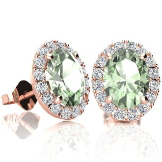 2.40 Carat Oval Shape Green Amethyst and Halo Diamond Stud Earrings In 14 Karat Rose Gold