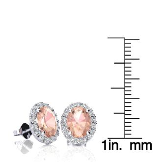 2-1/2 Carat Oval Shape Morganite Earrings and Diamond Halo In 14 Karat White Gold