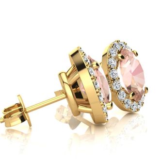 2-1/2 Carat Oval Shape Morganite Earrings and Diamond Halo In 14 Karat Yellow Gold